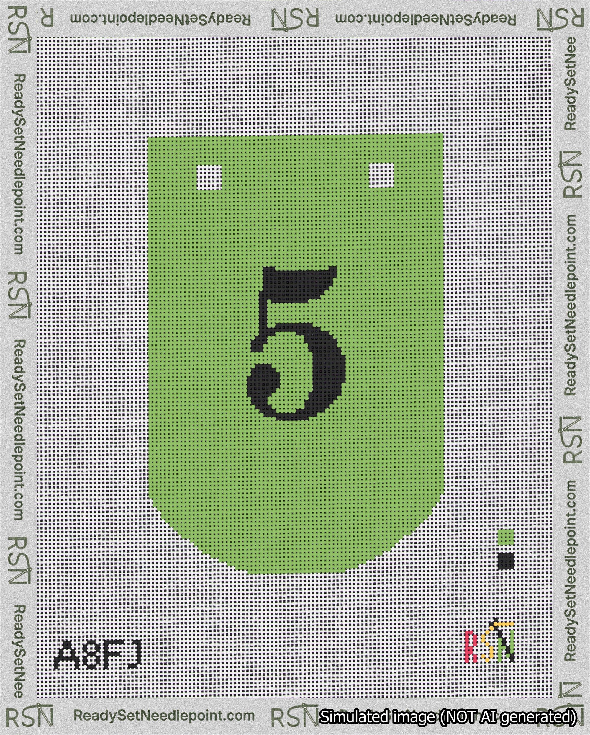 A taped needlepoint canvas with the design: Banner 18 mesh count Curved 5 Black on Light Green.