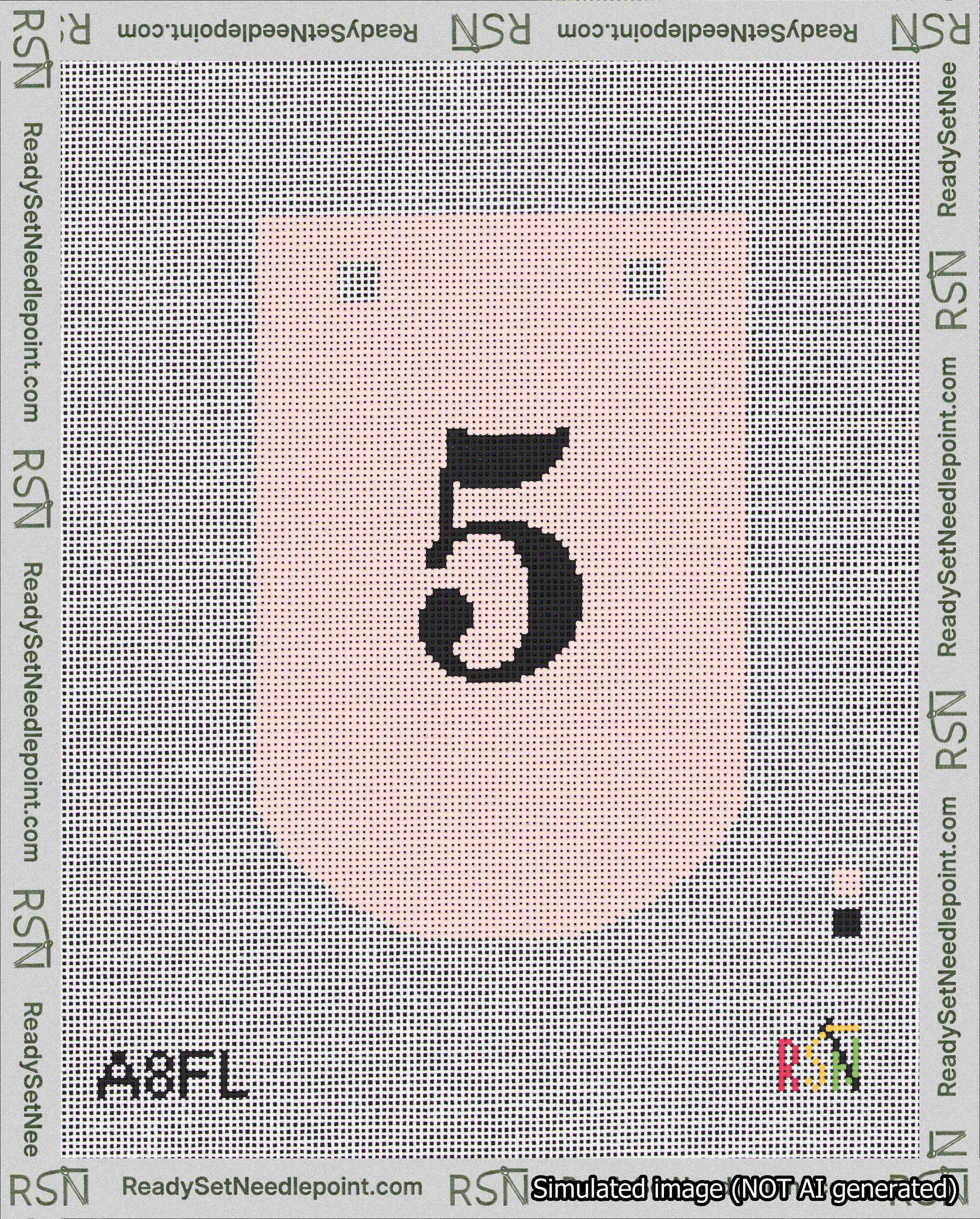 A taped needlepoint canvas with the design: Banner 18 mesh count Curved 5 Black on Pink.
