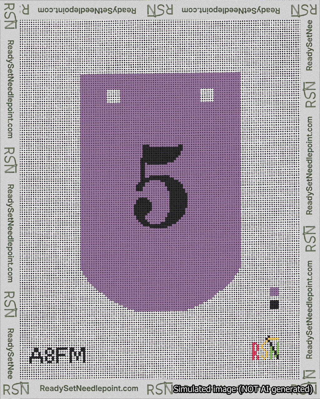 A taped needlepoint canvas with the design: Banner 18 mesh count Curved 5 Black on Purple.