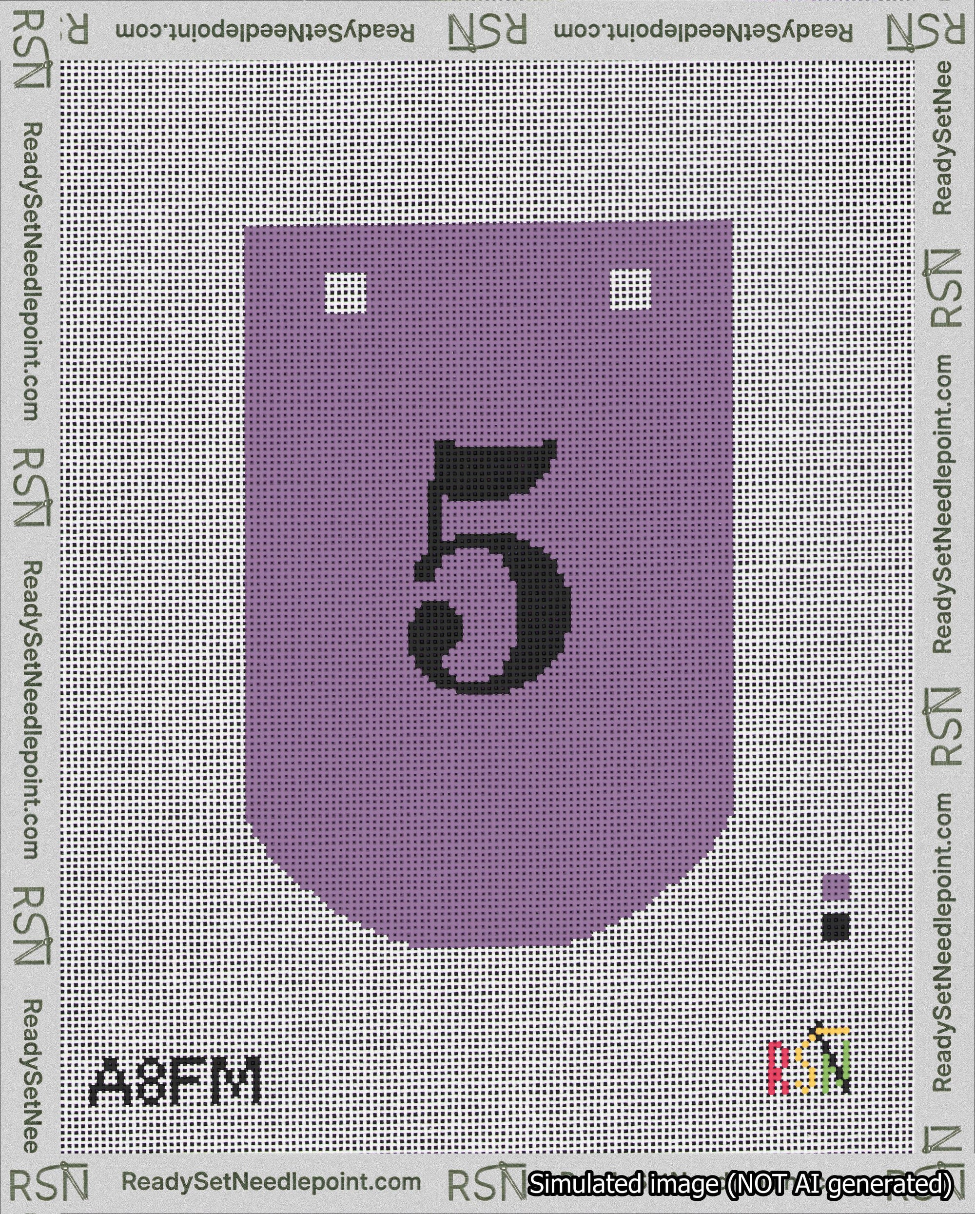 A taped needlepoint canvas with the design: Banner 18 mesh count Curved 5 Black on Purple.