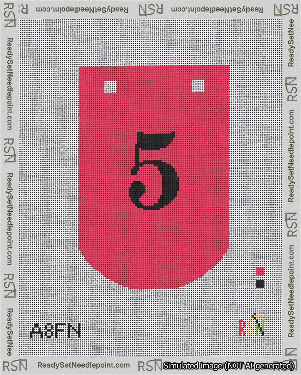 A taped needlepoint canvas with the design: Banner 18 mesh count Curved 5 Black on Red.