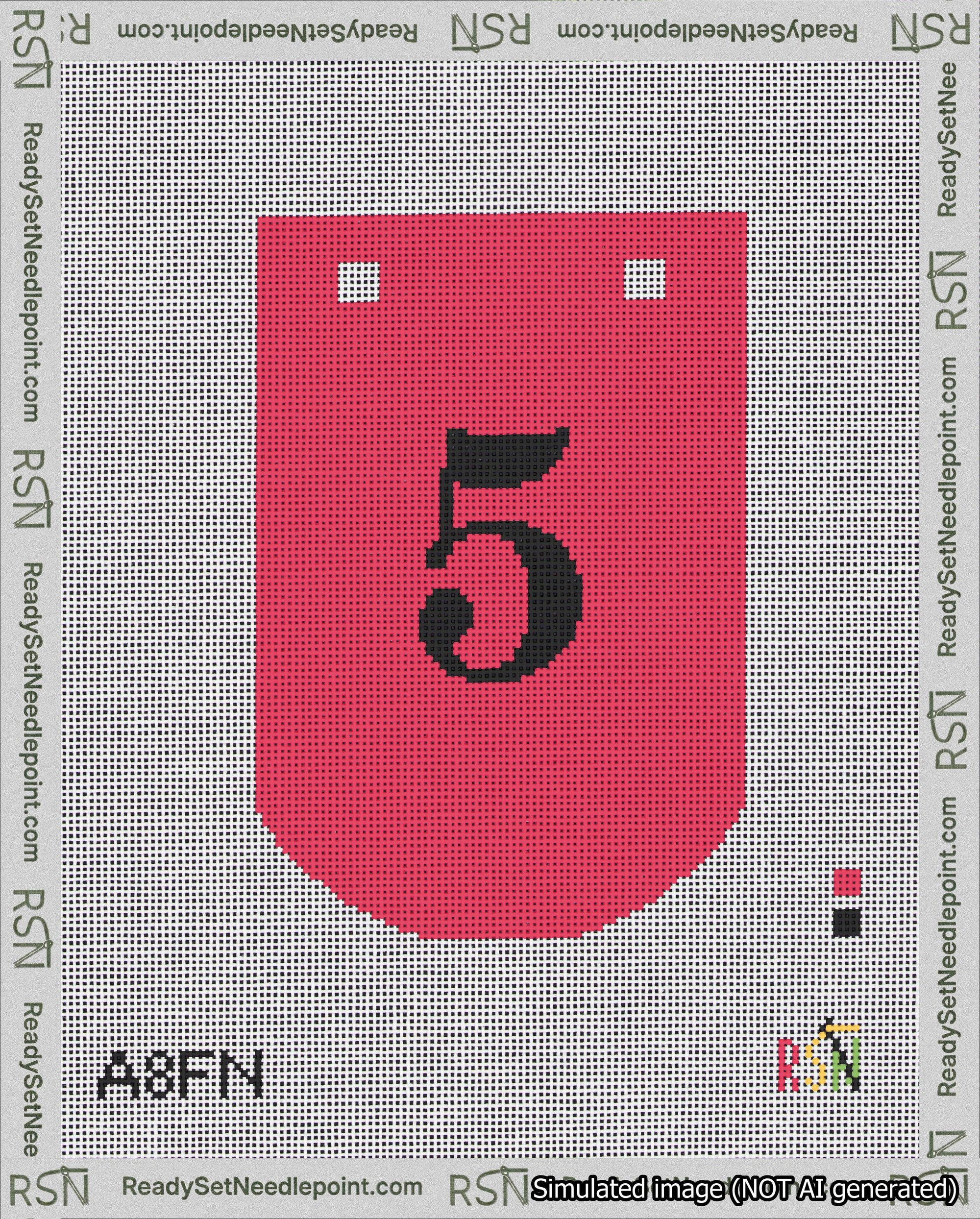 A taped needlepoint canvas with the design: Banner 18 mesh count Curved 5 Black on Red.