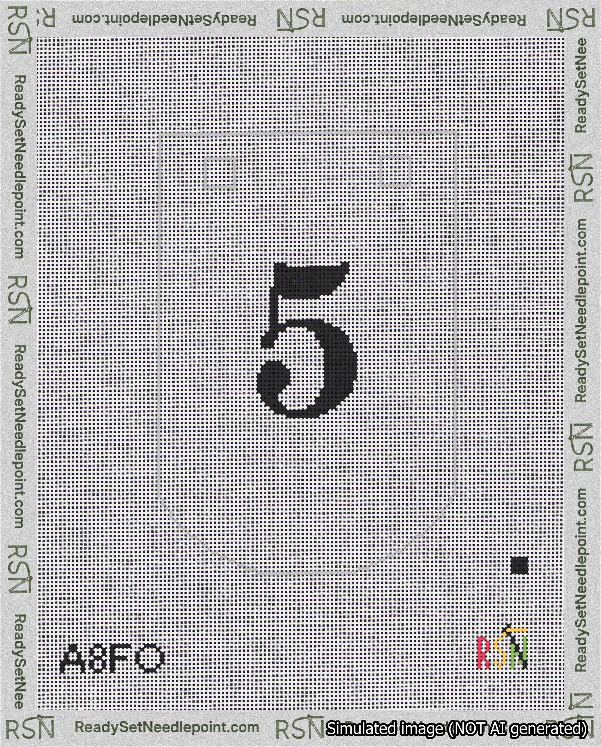 A taped needlepoint canvas with the design: Banner 18 mesh count Curved 5 Black on White.