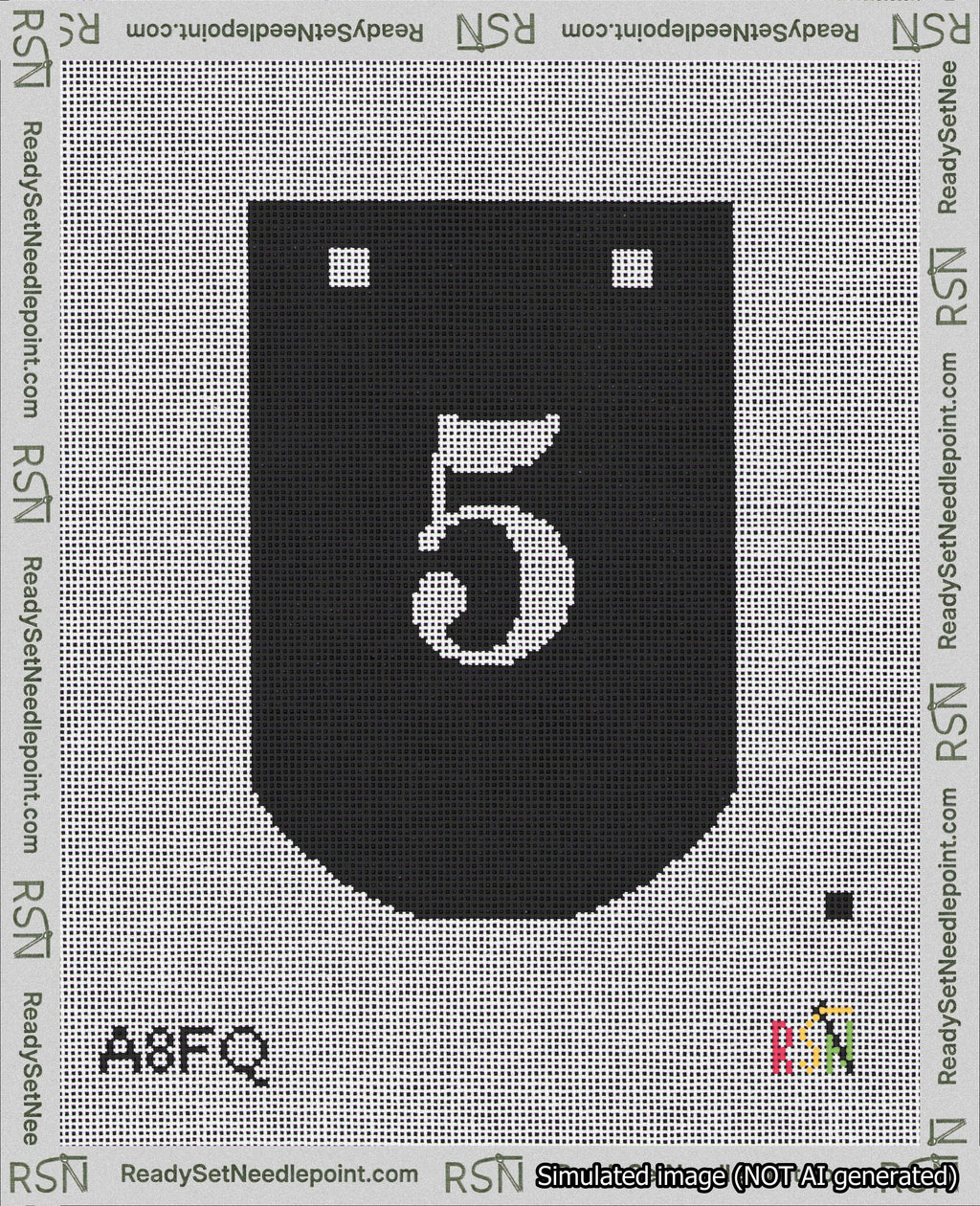 A taped needlepoint canvas with the design: Banner 18 mesh count Curved 5 White on Black.