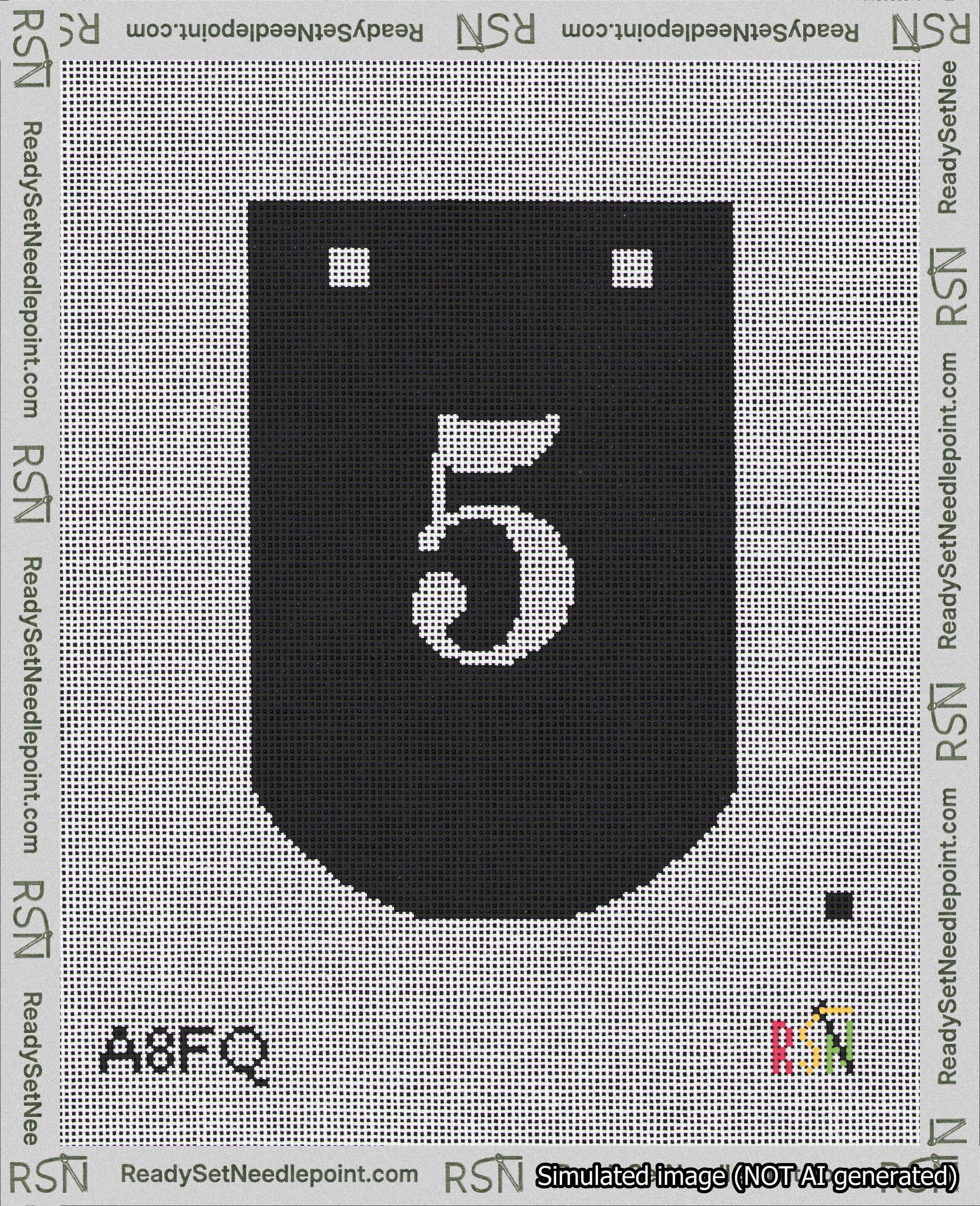 A taped needlepoint canvas with the design: Banner 18 mesh count Curved 5 White on Black.