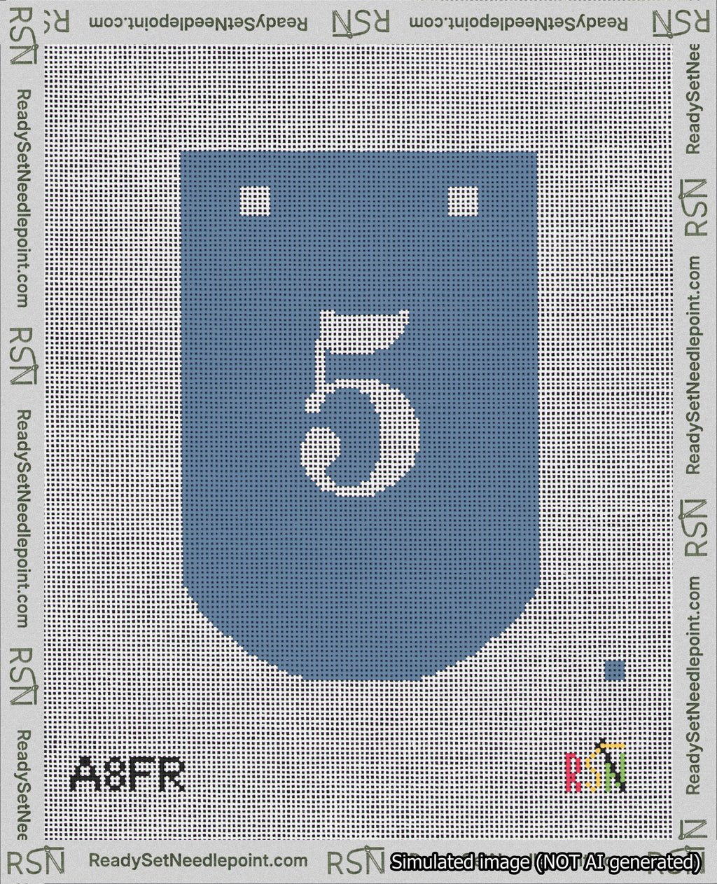 A taped needlepoint canvas with the design: Banner 18 mesh count Curved 5 White on Blue.