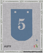 A taped needlepoint canvas with the design: Banner 18 mesh count Curved 5 White on Blue.