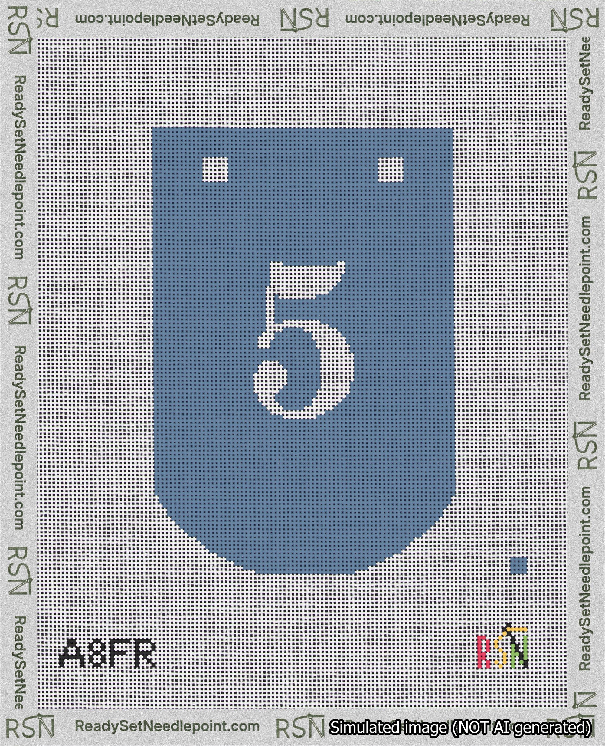 A taped needlepoint canvas with the design: Banner 18 mesh count Curved 5 White on Blue.