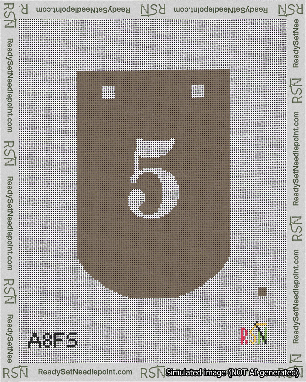 A taped needlepoint canvas with the design: Banner 18 mesh count Curved 5 White on Brown.