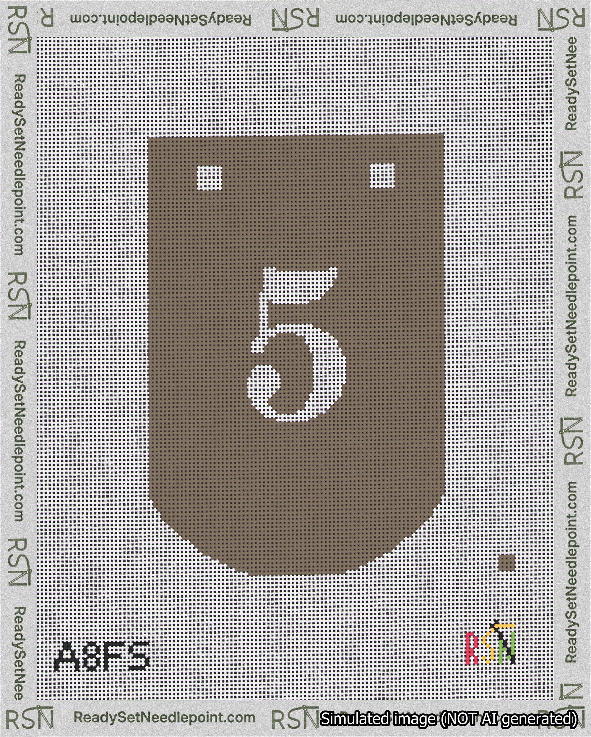 A taped needlepoint canvas with the design: Banner 18 mesh count Curved 5 White on Brown.