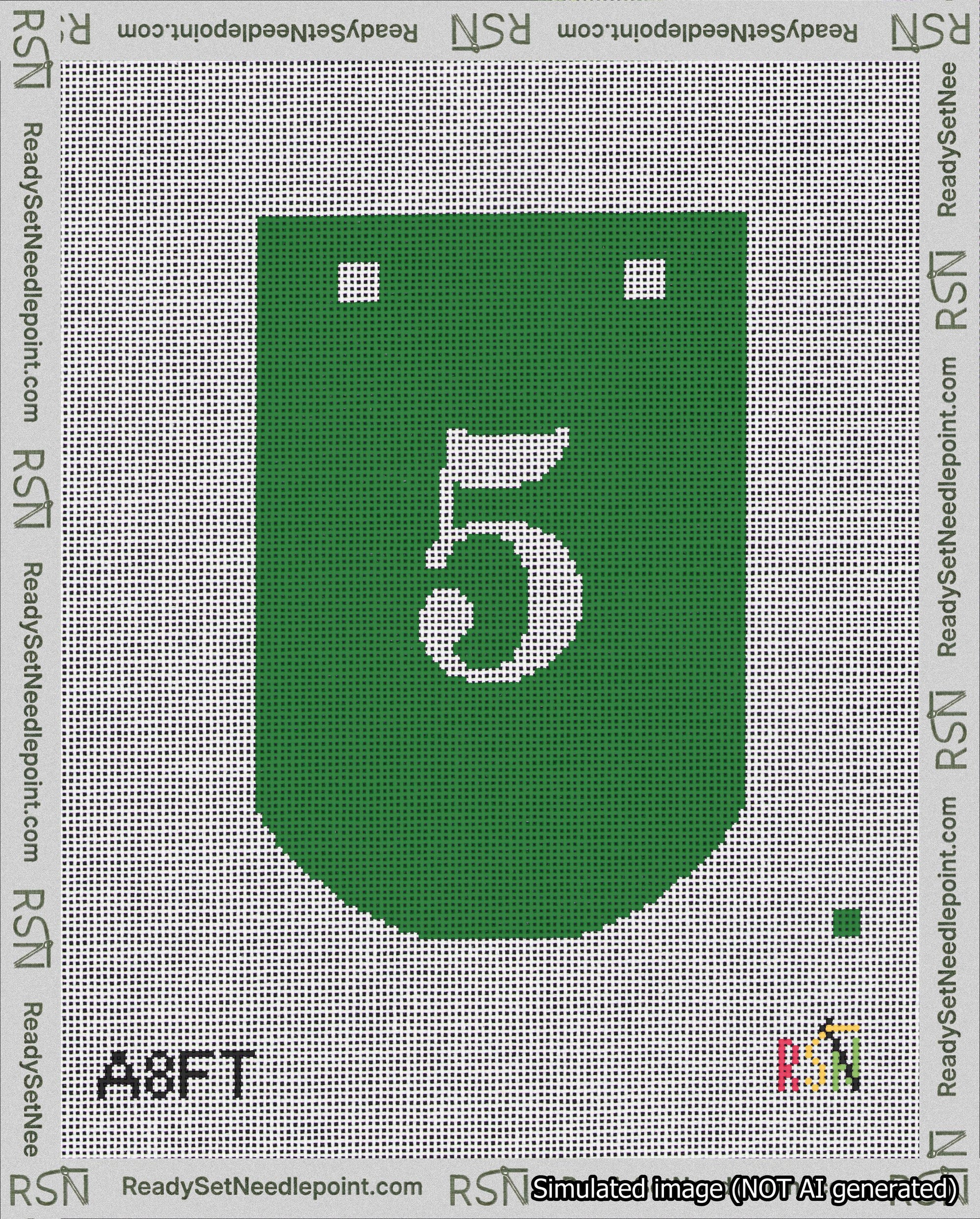 A taped needlepoint canvas with the design: Banner 18 mesh count Curved 5 White on Green.