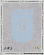 A taped needlepoint canvas with the design: Banner 18 mesh count Curved 5 White on Light Blue.