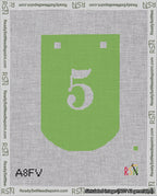 A taped needlepoint canvas with the design: Banner 18 mesh count Curved 5 White on Light Green.