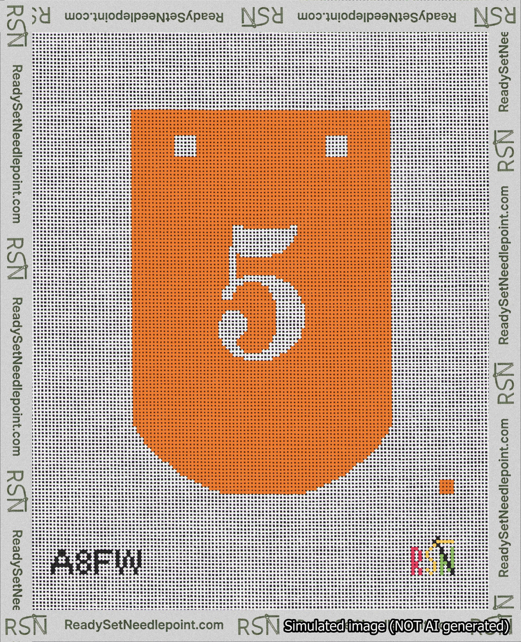 A taped needlepoint canvas with the design: Banner 18 mesh count Curved 5 White on Orange.