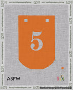 A taped needlepoint canvas with the design: Banner 18 mesh count Curved 5 White on Orange.