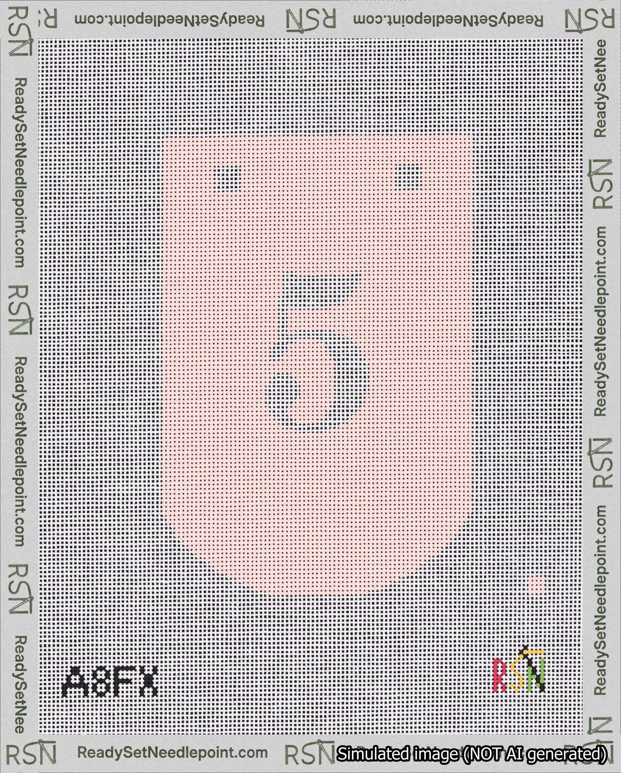 A taped needlepoint canvas with the design: Banner 18 mesh count Curved 5 White on Pink.