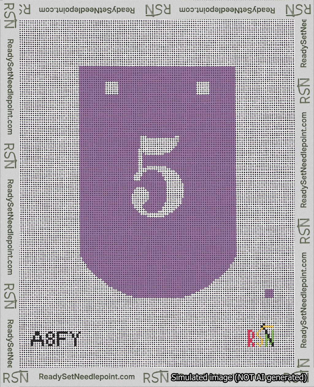 A taped needlepoint canvas with the design: Banner 18 mesh count Curved 5 White on Purple.