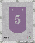 A taped needlepoint canvas with the design: Banner 18 mesh count Curved 5 White on Purple.