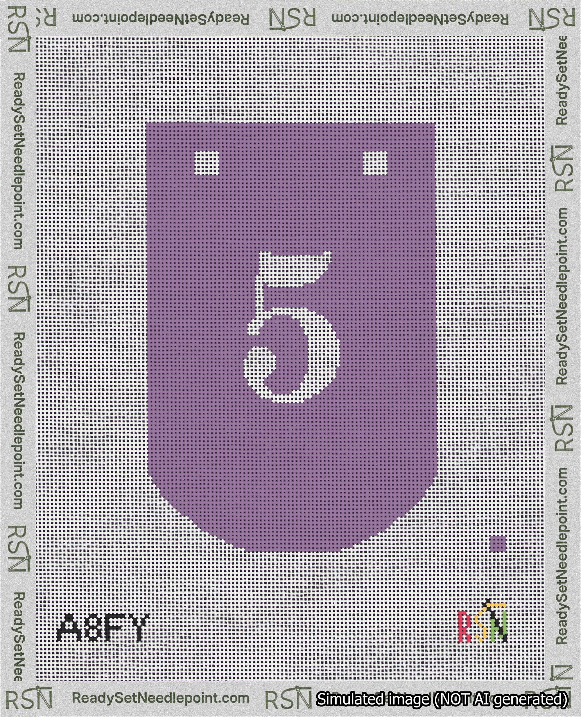 A taped needlepoint canvas with the design: Banner 18 mesh count Curved 5 White on Purple.