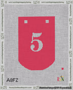 A taped needlepoint canvas with the design: Banner 18 mesh count Curved 5 White on Red.