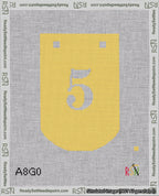 A taped needlepoint canvas with the design: Banner 18 mesh count Curved 5 White on Yellow.