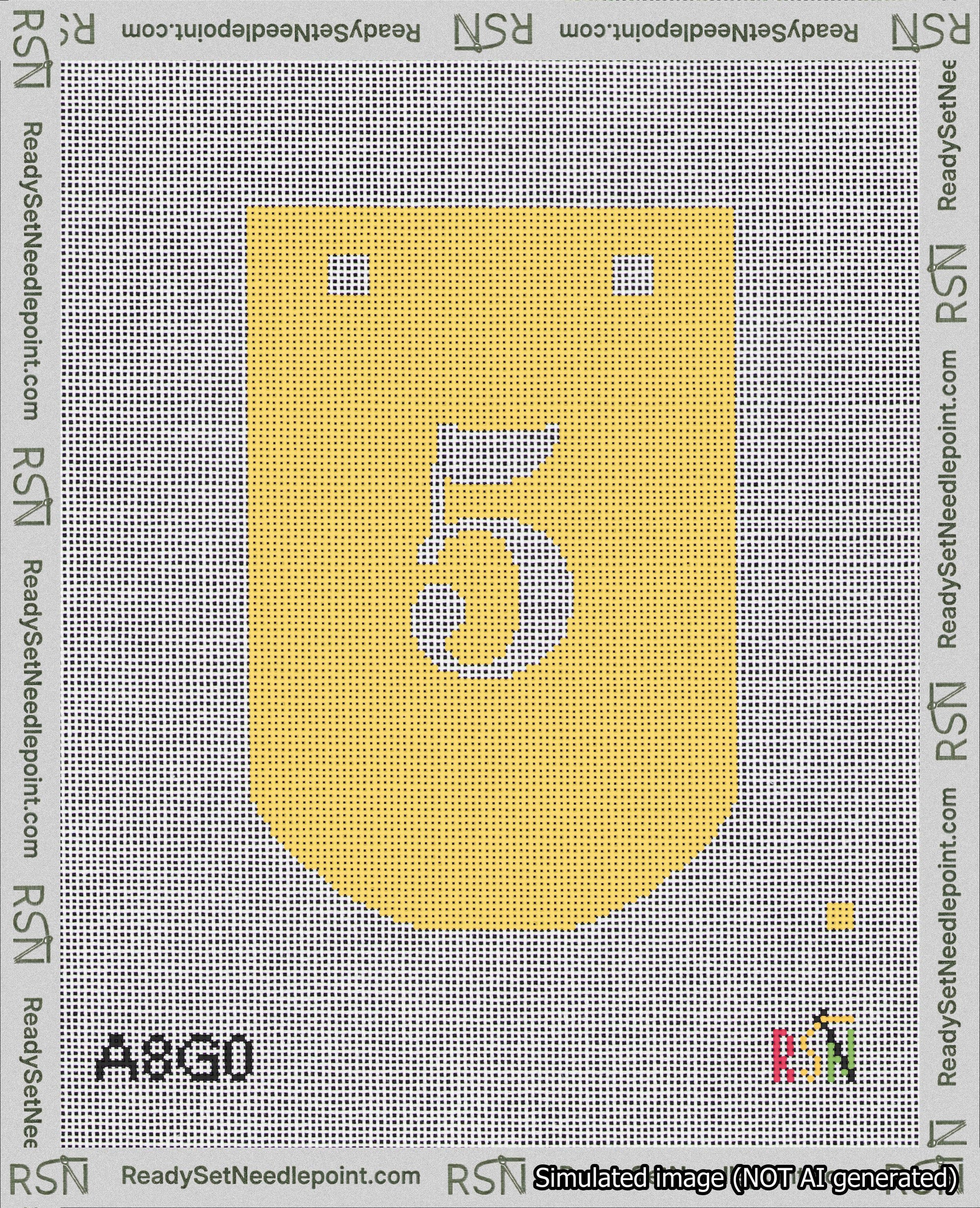 A taped needlepoint canvas with the design: Banner 18 mesh count Curved 5 White on Yellow.