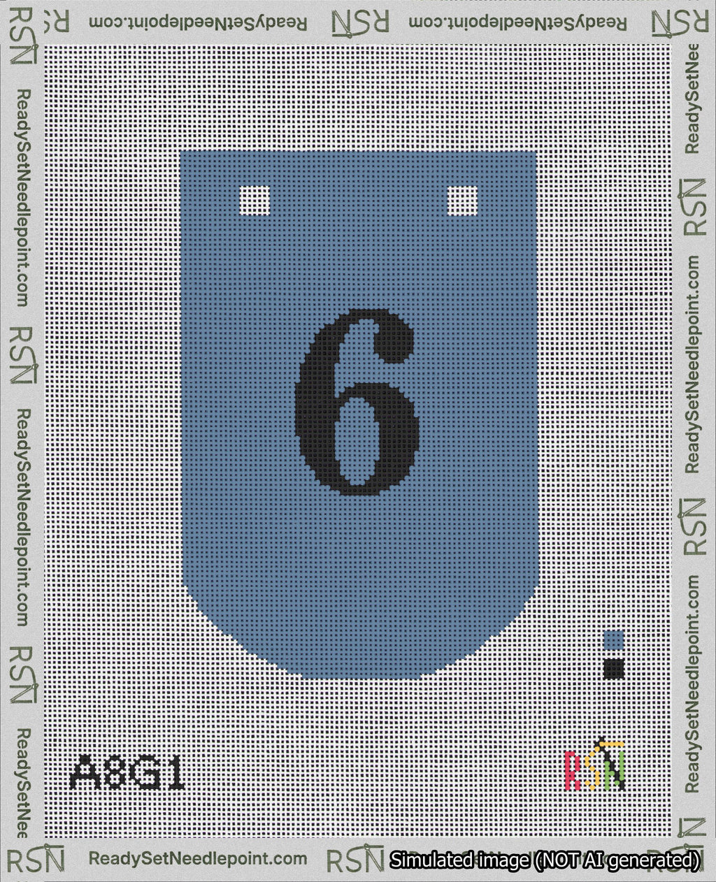 A taped needlepoint canvas with the design: Banner 18 mesh count Curved 6 Black on Blue.
