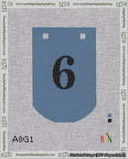 A taped needlepoint canvas with the design: Banner 18 mesh count Curved 6 Black on Blue.