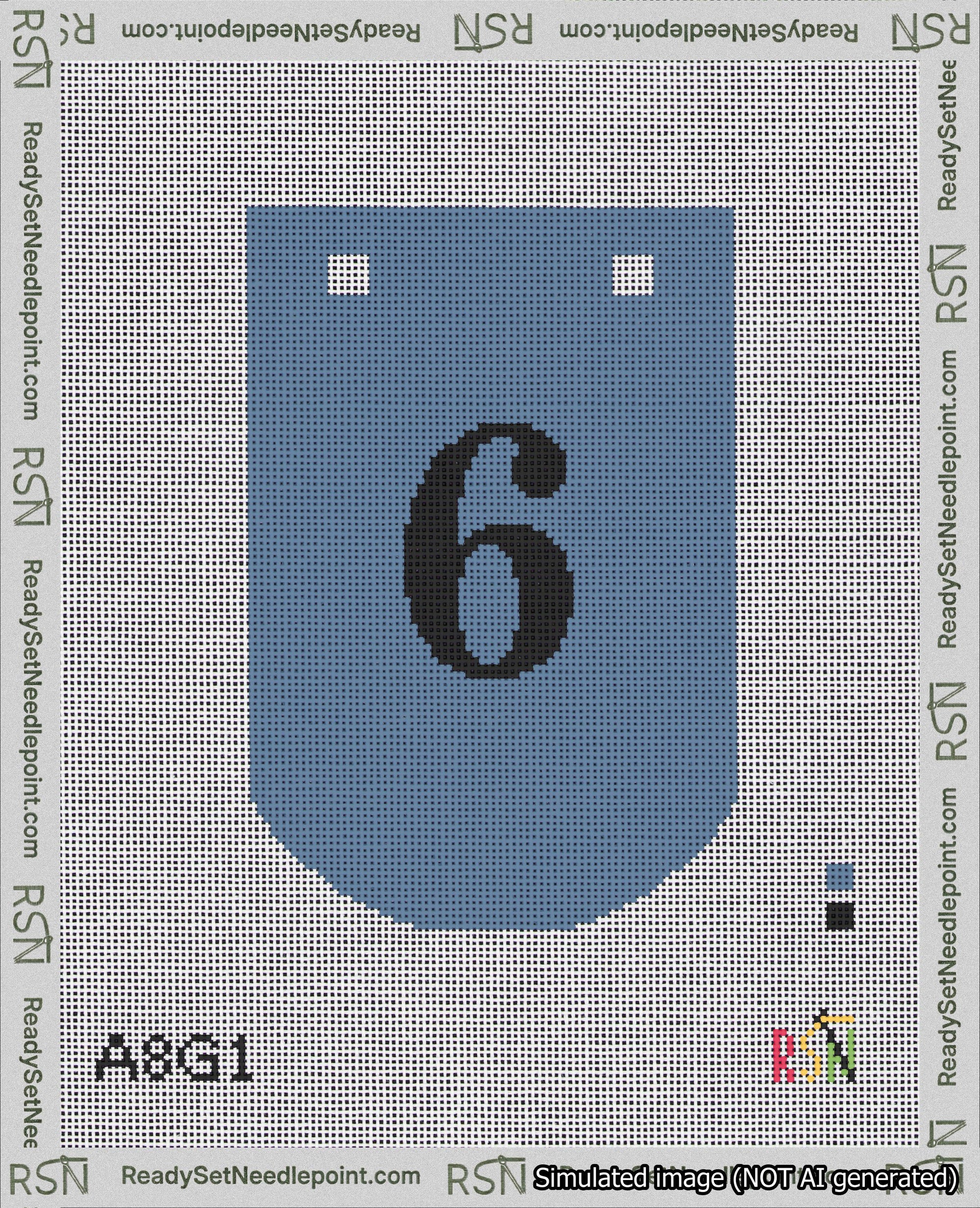 A taped needlepoint canvas with the design: Banner 18 mesh count Curved 6 Black on Blue.