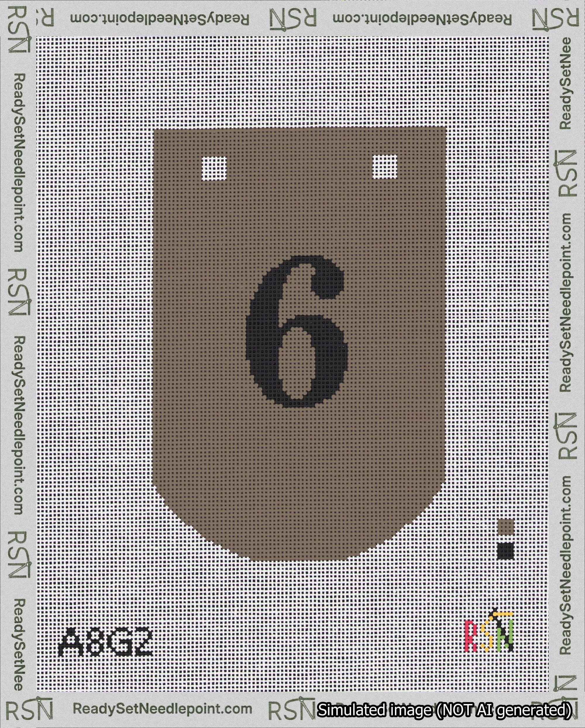 A taped needlepoint canvas with the design: Banner 18 mesh count Curved 6 Black on Brown.