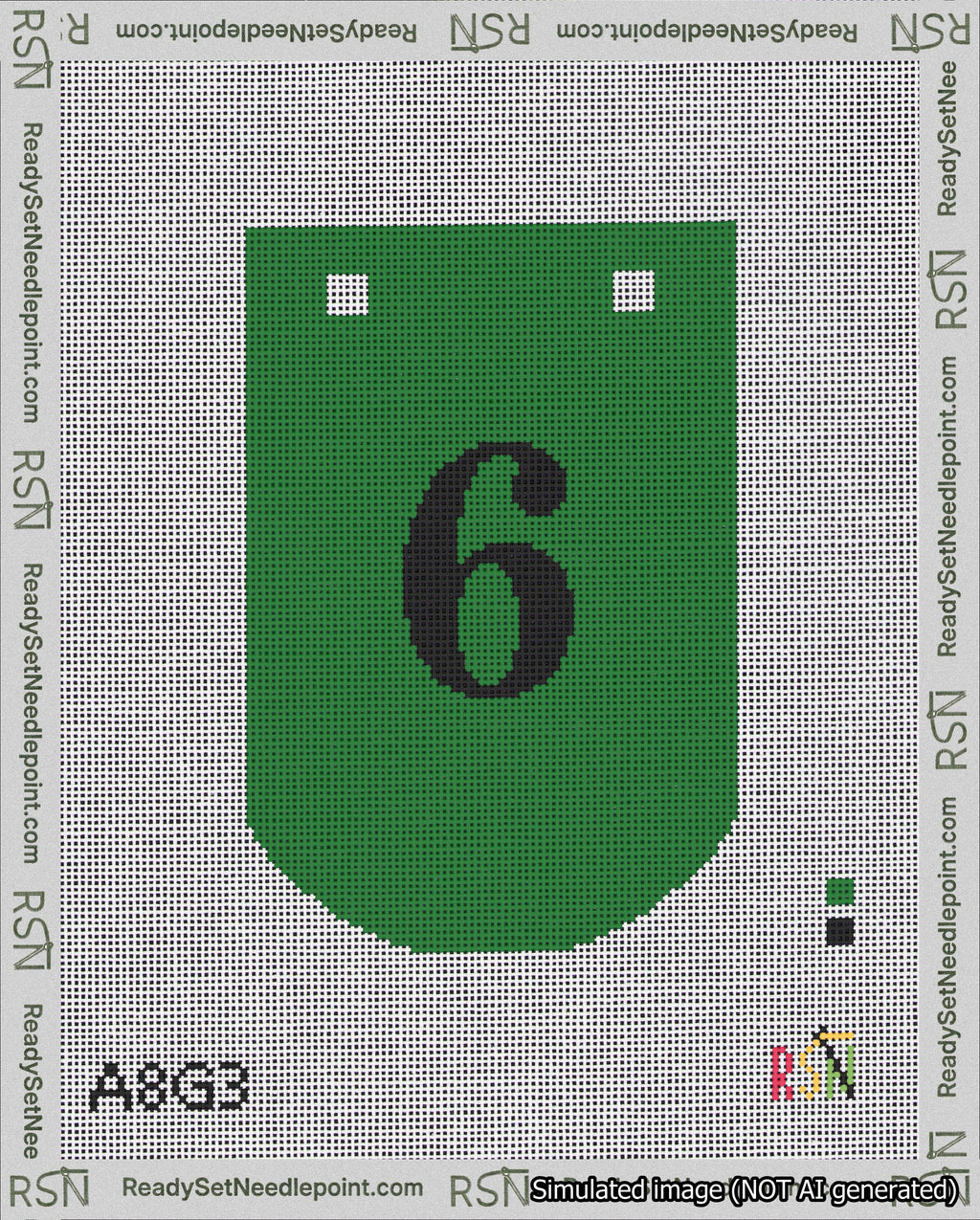 A taped needlepoint canvas with the design: Banner 18 mesh count Curved 6 Black on Green.