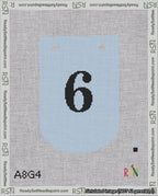 A taped needlepoint canvas with the design: Banner 18 mesh count Curved 6 Black on Light Blue.