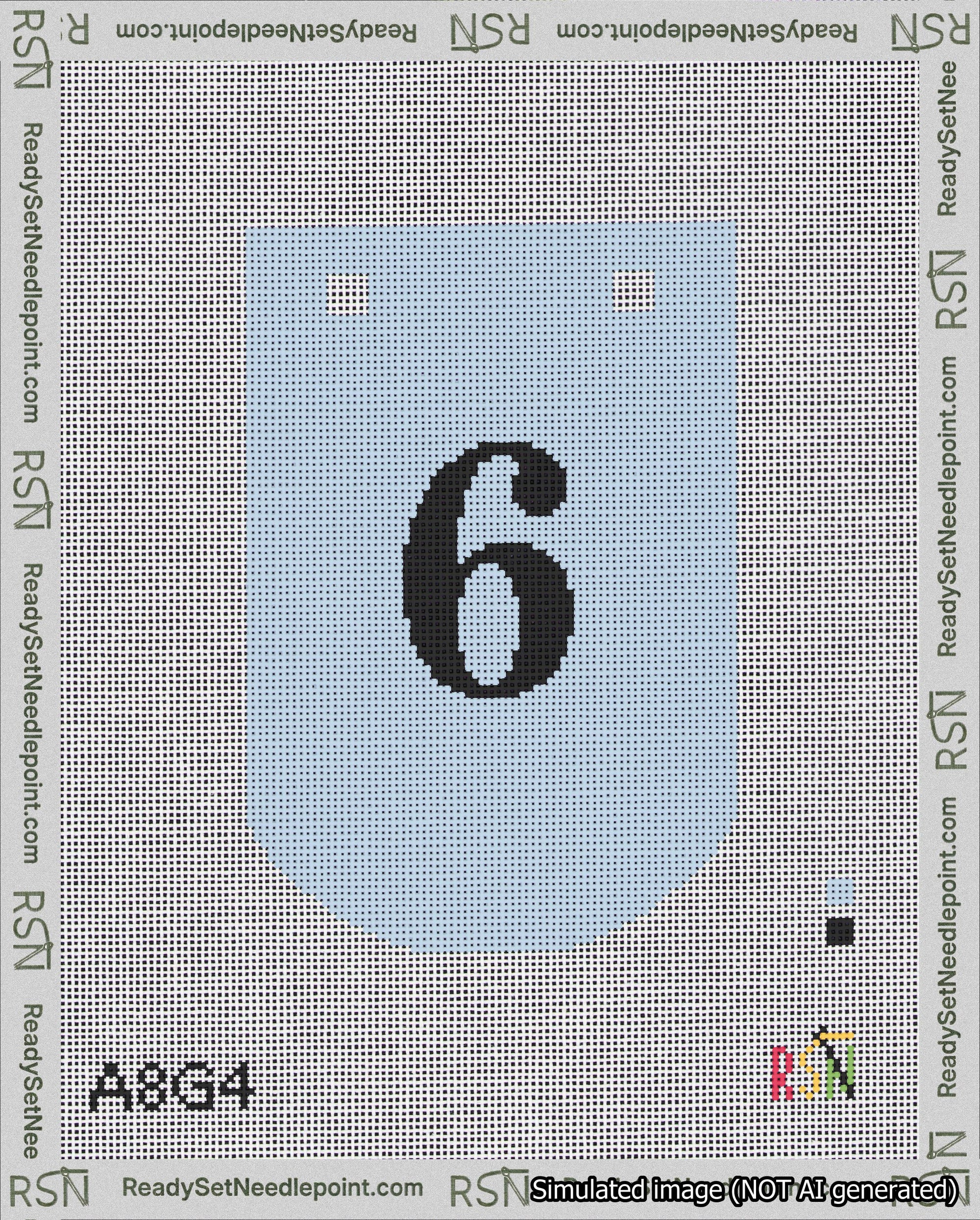 A taped needlepoint canvas with the design: Banner 18 mesh count Curved 6 Black on Light Blue.