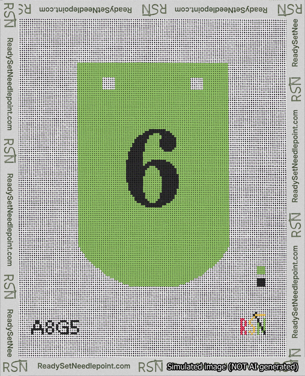 A taped needlepoint canvas with the design: Banner 18 mesh count Curved 6 Black on Light Green.