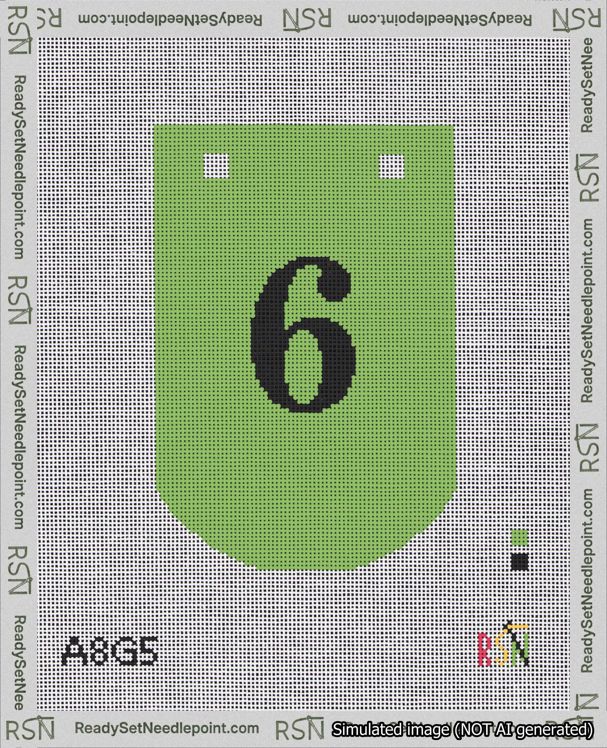 A taped needlepoint canvas with the design: Banner 18 mesh count Curved 6 Black on Light Green.