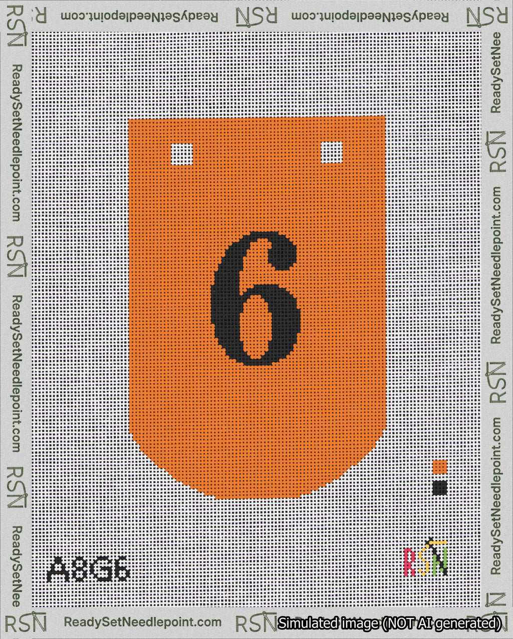 A taped needlepoint canvas with the design: Banner 18 mesh count Curved 6 Black on Orange.