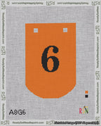 A taped needlepoint canvas with the design: Banner 18 mesh count Curved 6 Black on Orange.