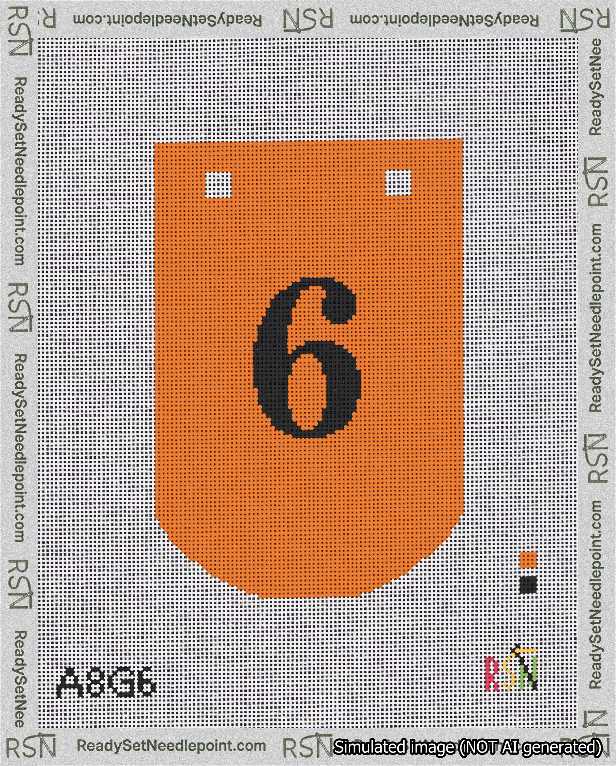 A taped needlepoint canvas with the design: Banner 18 mesh count Curved 6 Black on Orange.
