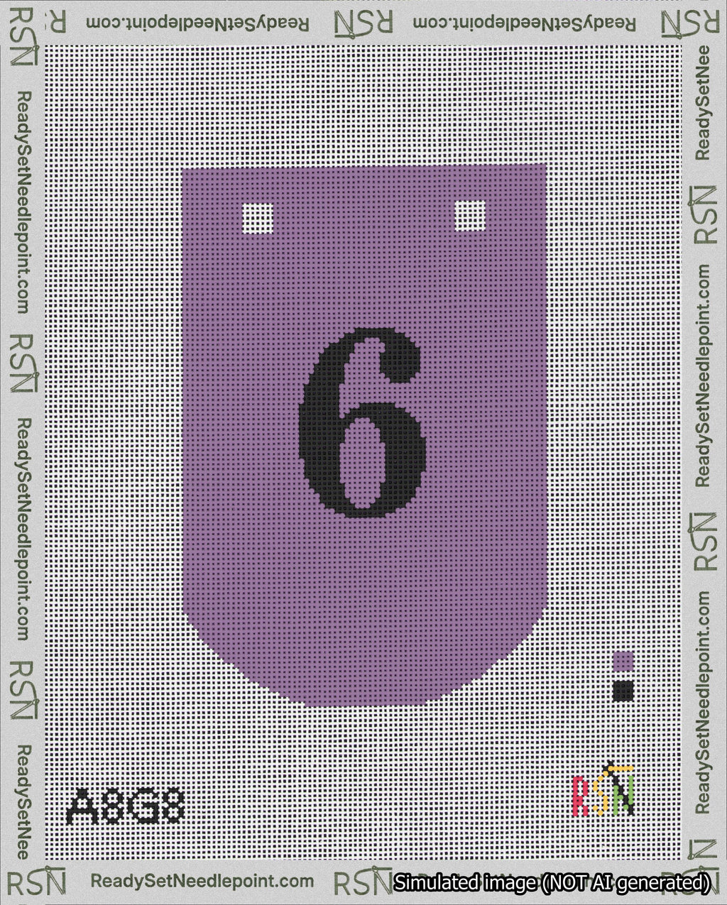 A taped needlepoint canvas with the design: Banner 18 mesh count Curved 6 Black on Purple.