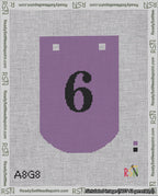A taped needlepoint canvas with the design: Banner 18 mesh count Curved 6 Black on Purple.