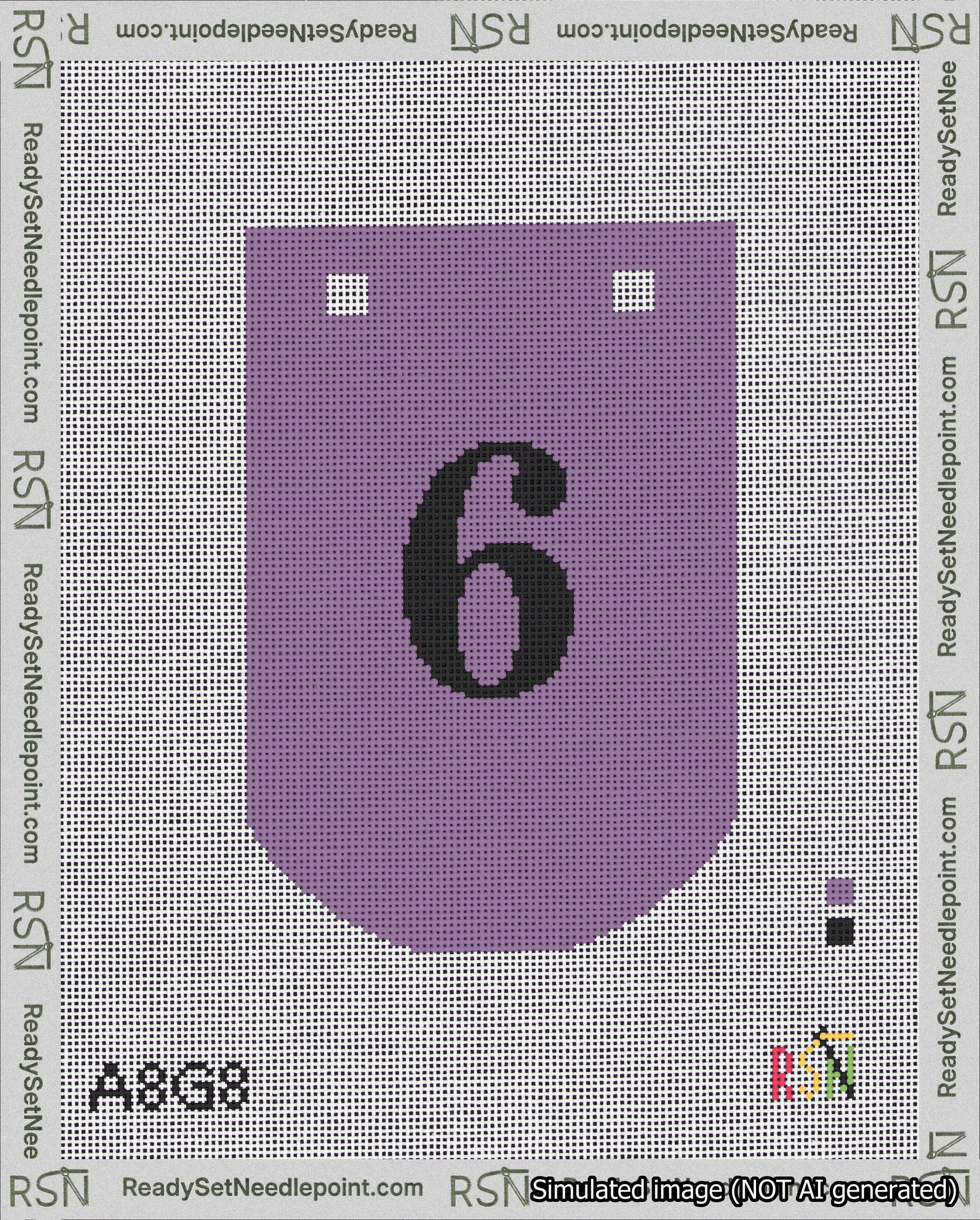 A taped needlepoint canvas with the design: Banner 18 mesh count Curved 6 Black on Purple.