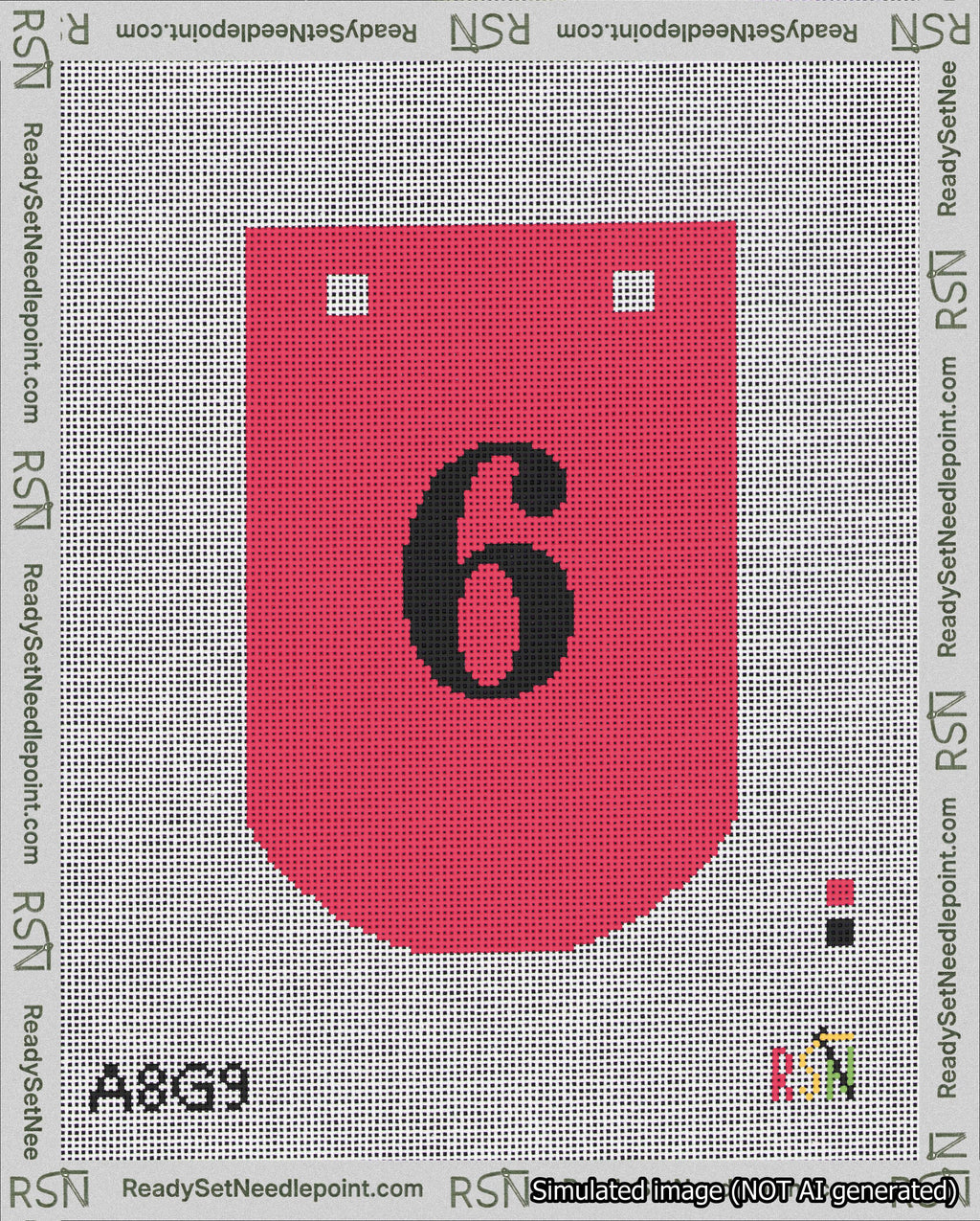 A taped needlepoint canvas with the design: Banner 18 mesh count Curved 6 Black on Red.