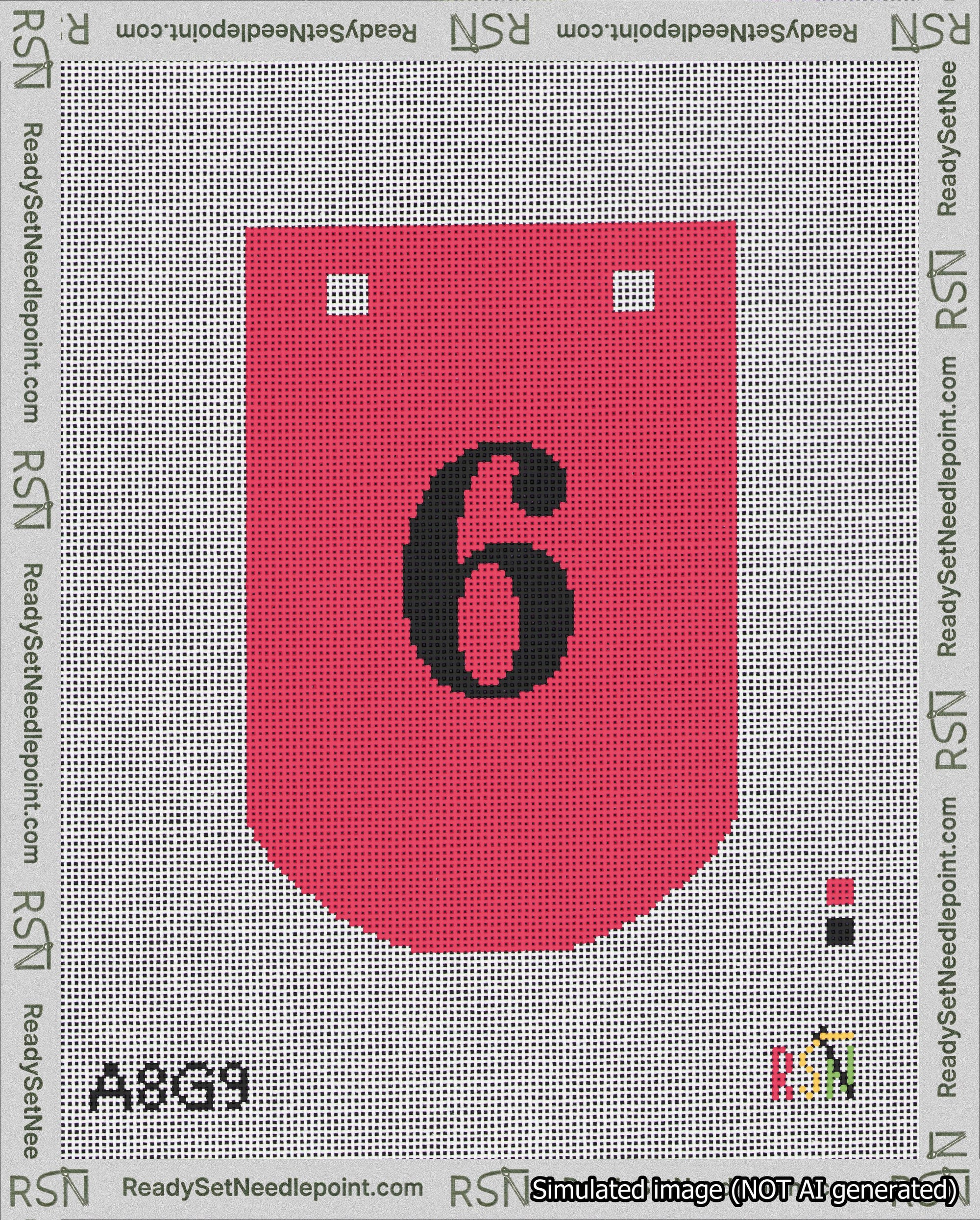 A taped needlepoint canvas with the design: Banner 18 mesh count Curved 6 Black on Red.