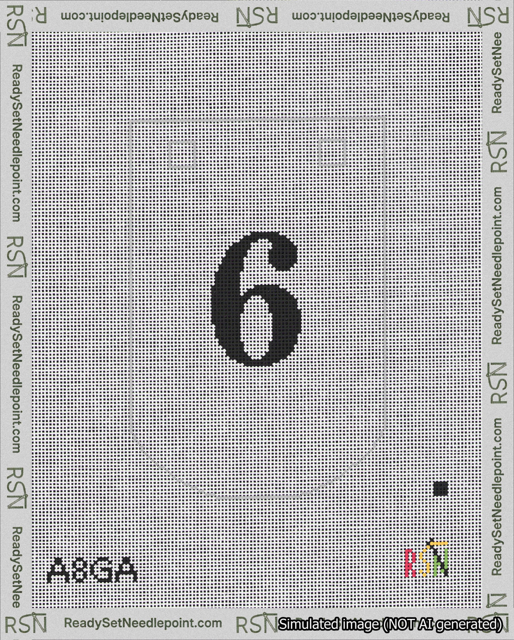 A taped needlepoint canvas with the design: Banner 18 mesh count Curved 6 Black on White.