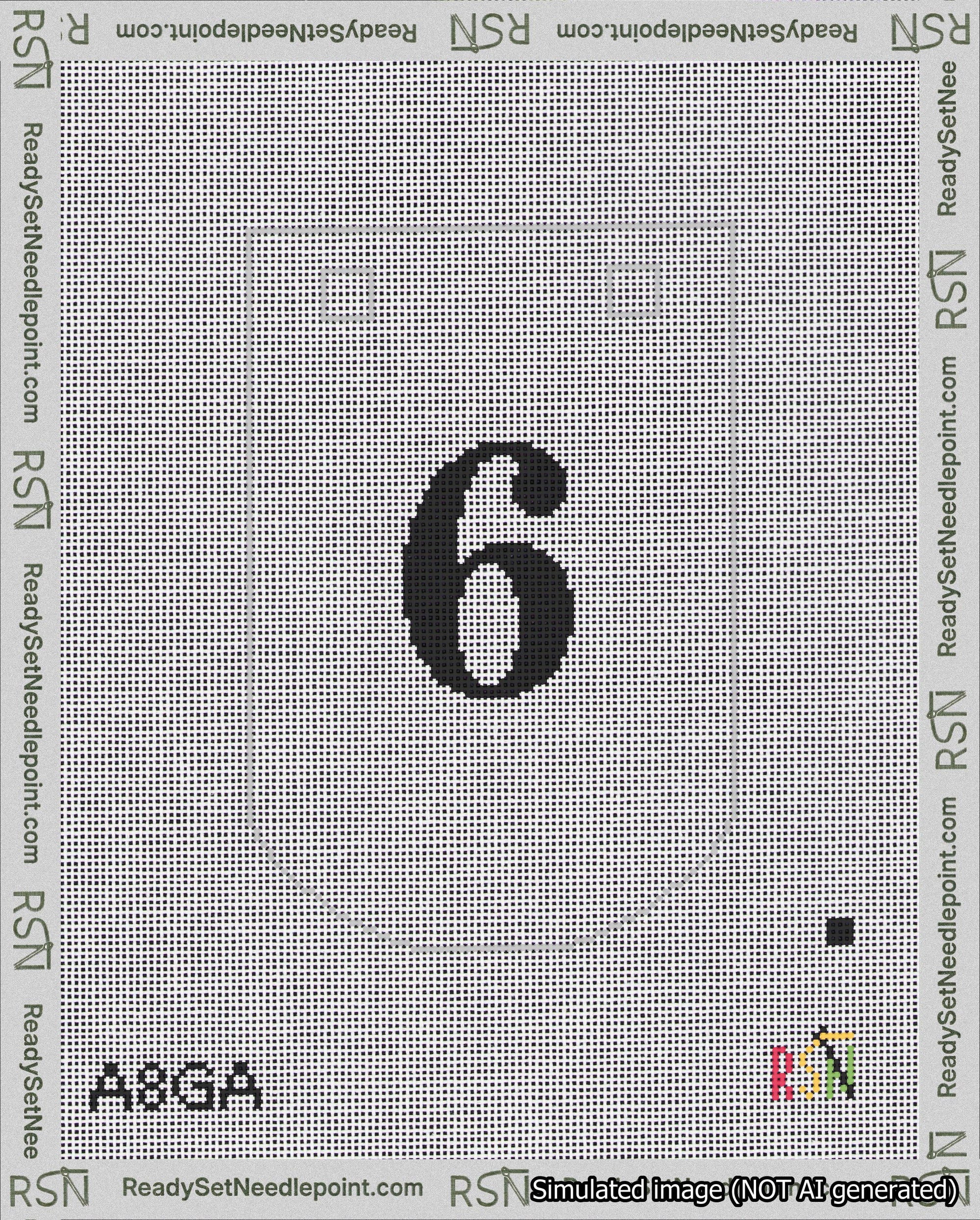 A taped needlepoint canvas with the design: Banner 18 mesh count Curved 6 Black on White.