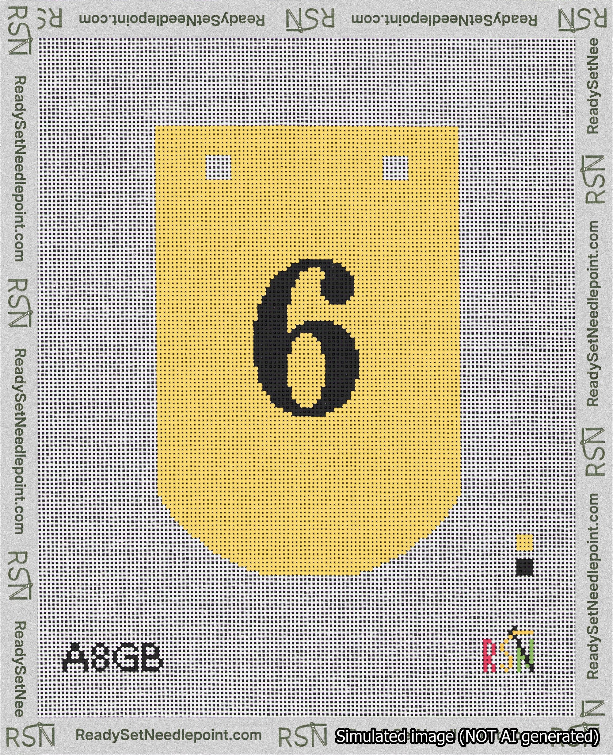 A taped needlepoint canvas with the design: Banner 18 mesh count Curved 6 Black on Yellow.
