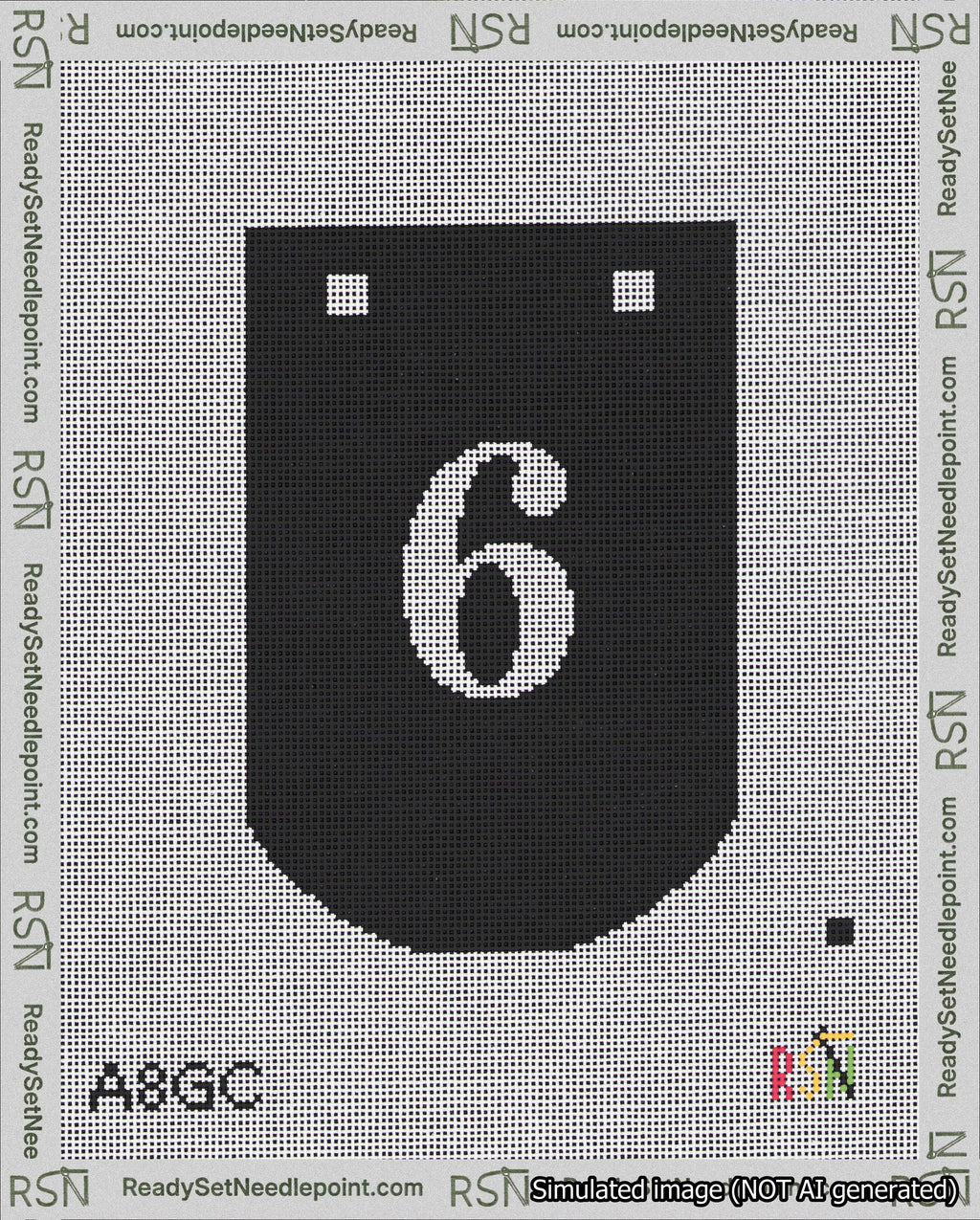 A taped needlepoint canvas with the design: Banner 18 mesh count Curved 6 White on Black.