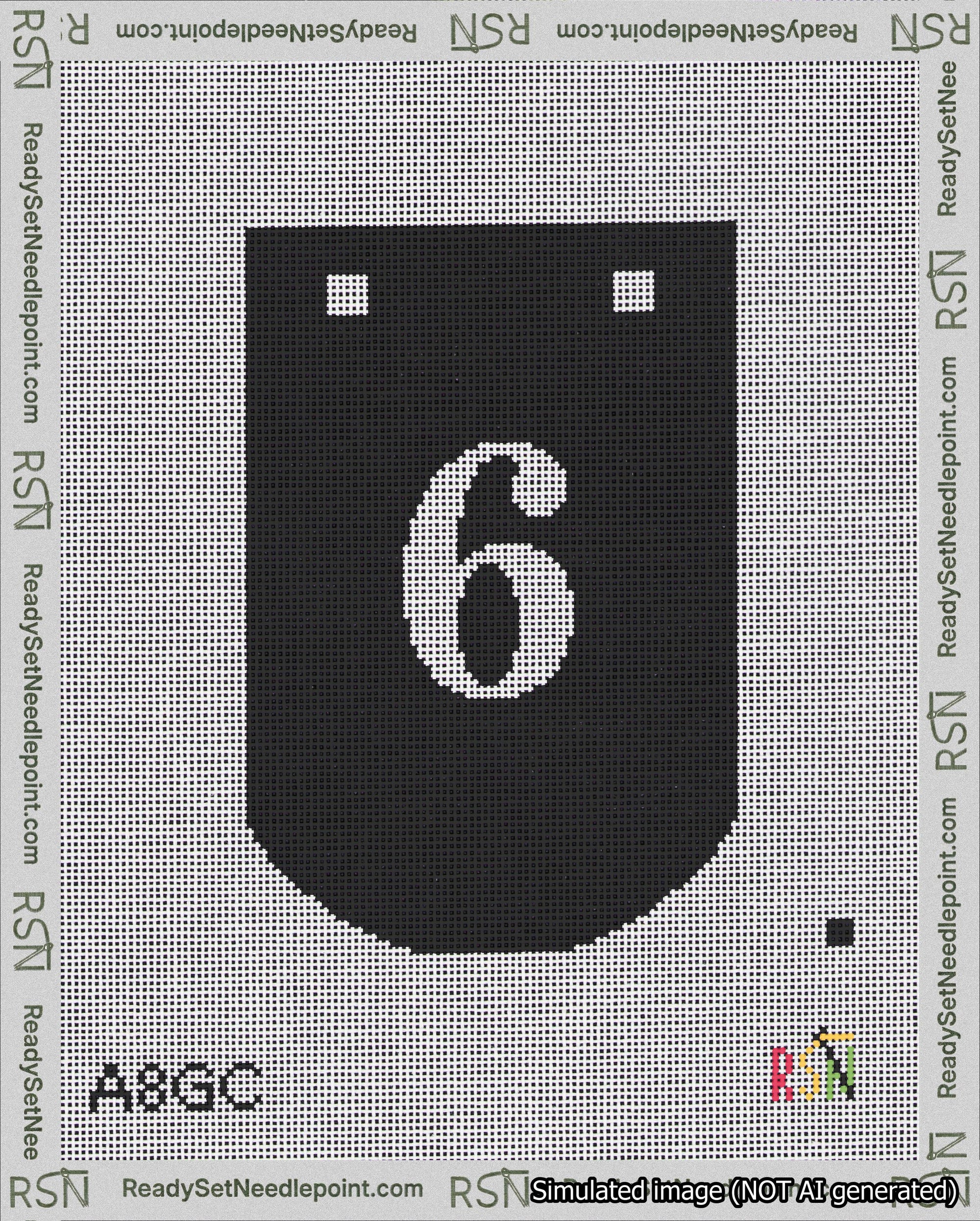 A taped needlepoint canvas with the design: Banner 18 mesh count Curved 6 White on Black.