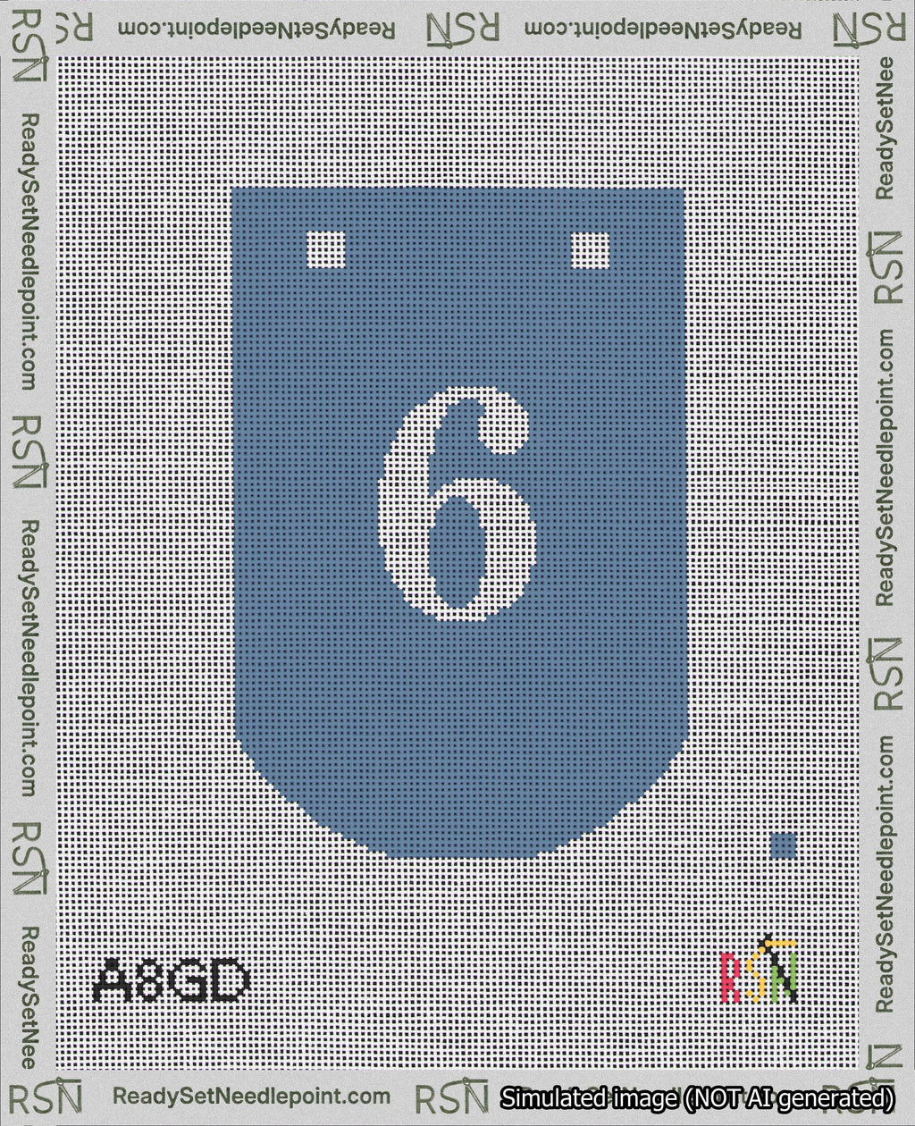 A taped needlepoint canvas with the design: Banner 18 mesh count Curved 6 White on Blue.