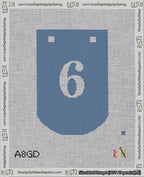 A taped needlepoint canvas with the design: Banner 18 mesh count Curved 6 White on Blue.